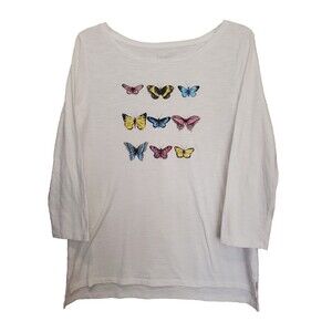 Talbots White Cotton Slub Knit Butterfly 3/4 Sleeve Slub Knit T-Shirt Size Med